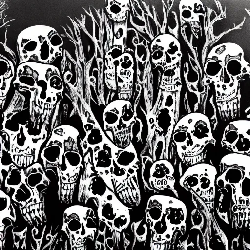 Prompt: black and grey depressing world, only color showing is red, blood splatters, raining blood, moon showing through dead trees, alone in the dark, erie, cold, death, dead surroundings, dead baby in moonlight centrated lower middle, skulls in moon, clouds of demon faces