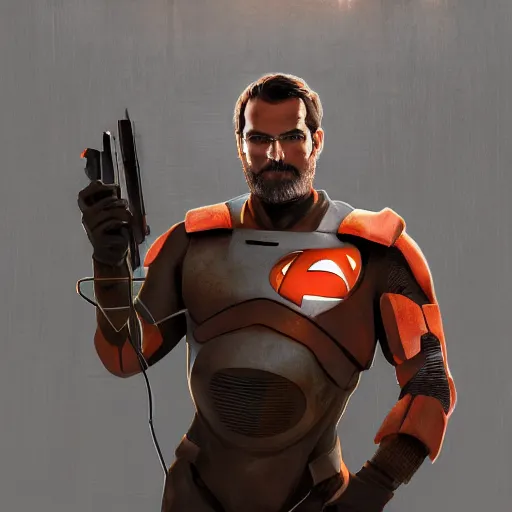 Image similar to a potrait of Henry Cavill as Gordon Freeman in half-life 2 with full armory by Greg Rutkowski, Sung Choi, Mitchell Mohrhauser, Maciej Kuciara, Johnson Ting, Maxim Verehin, Peter Konig, Zack Snyder, 8k photorealistic, cinematic lighting, HD, high details, dramatic, trending on artstation, full body shot