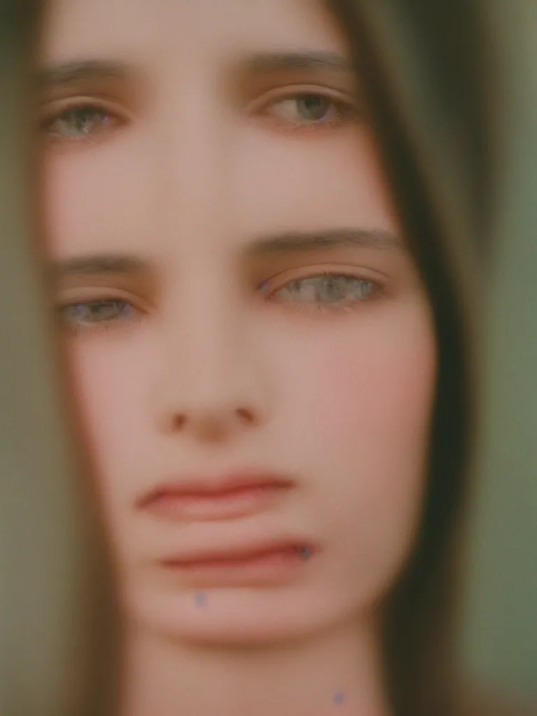 Prompt: close-up photographic portrait of a woman’s face, captured in low light, soft focus, the woman’s features are slightly blurred, Cinestill 800t,