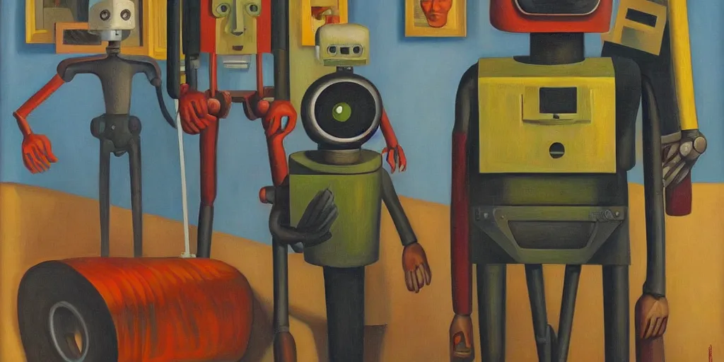 Prompt: devious robot with shifty eyes portrait, lowbrow, pj crook, grant wood, edward hopper, oil on canvas