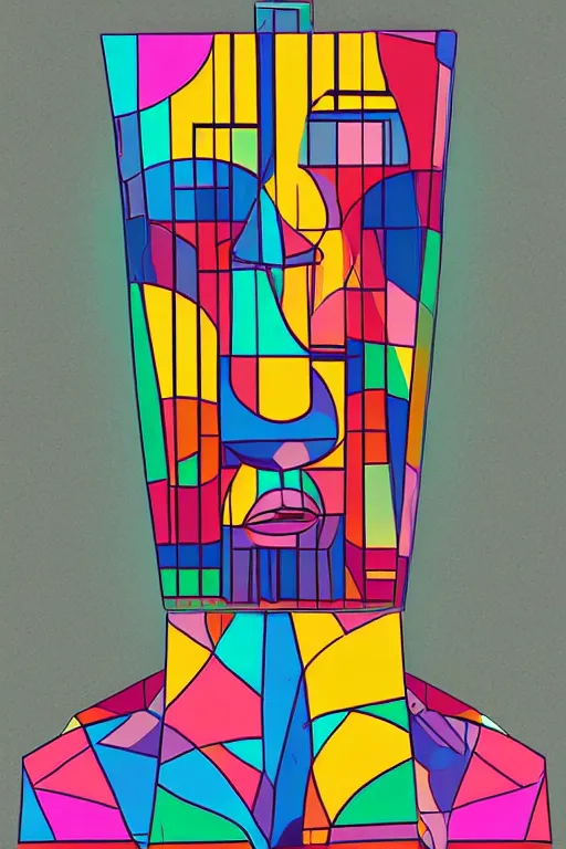 Image similar to cubist moai statue cutout digital illustration cartoon colorful beeple