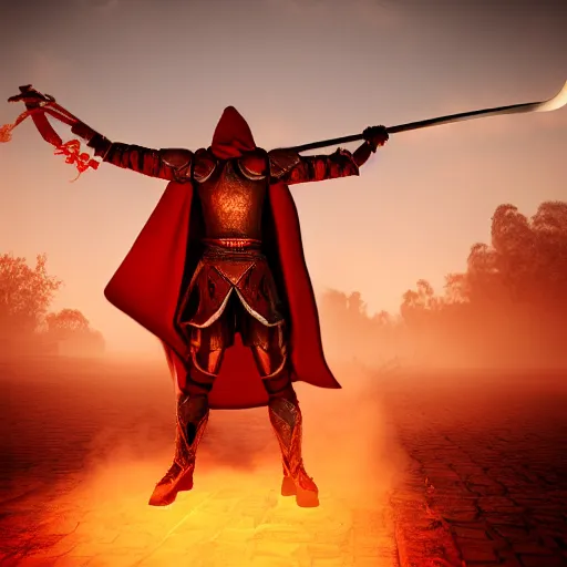 Prompt: warrior holding two swords, full body cape, red hoodie, worn out clothes, symmetry, unreal engine, volumetric light, photorealistic, full body shot, 8K, trending on artstation