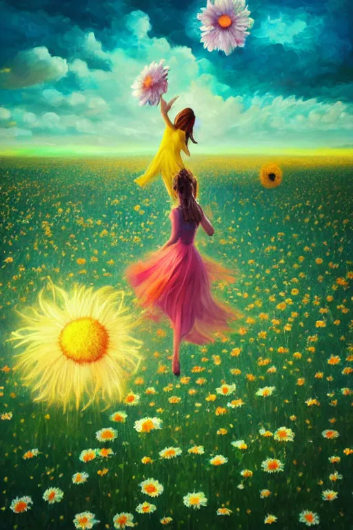 Image similar to giant daisy flower as head, girl dancing in a flower field, surreal photography, sunrise, dramatic light, impressionist painting, colorful clouds, digital painting, artstation, simon stalenhag