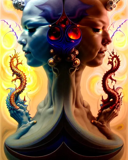 Image similar to a portrait of gemini water and fire fantasy character portrait made of fractals facing each other, ultra realistic, wide angle, intricate details, the fifth element artifacts, highly detailed by peter mohrbacher, hajime sorayama, wayne barlowe, boris vallejo, aaron horkey, gaston bussiere, craig mullins