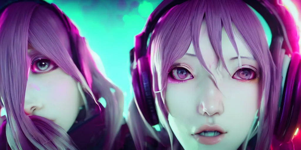 Prompt: beautiful portrait of a woman with pastel long hair floating in the air with her eyes open facing the camera centered with studio headphones on in the style of a code vein character, momo from twice in code vein in the style of WLOP, artgerm, yasutomo oka, rendered in unreal engine and redshift octane , background is surrounded by epic neon glitch effect digital art dynamic dramatic lighting, soft lighting, imagine fx, artstation, cgsociety, by Bandai Namco artist,