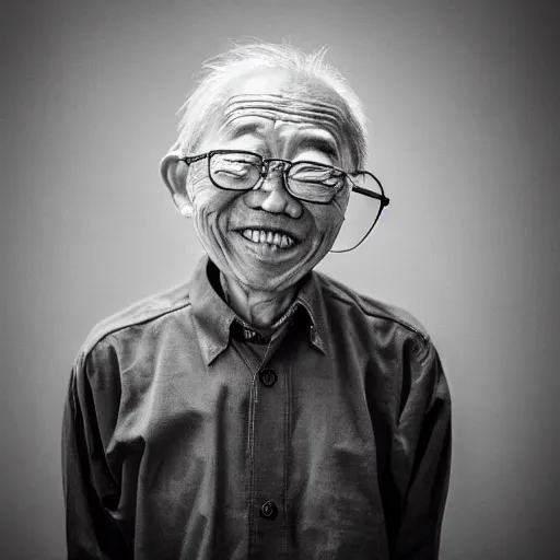 Image similar to a character portrait photo of a smiling old japanese man, hopeful, flickr contest winner, neo-expressionism, art photography, busy background, hyperrealism, chiaroscuro, anamorphic lens flare, elegant, shallow depth of field, haze, volumetric lighting, photo taken with provia, 24mm, f1.8, by Filip Hodas, by Andrew Domachowski