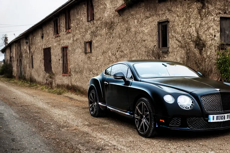 Prompt: modern rusty matte tired Bentley Continental GT without gloss no reflections drives along the road of an old Russian village with houses at the edges