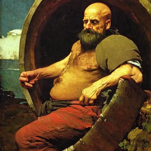 Image similar to Portrait Portrait of Diogenes the Cynic donning hobo costume whilst resting in an enormous wine cask winslow homer theodore gericault norman rockwell donato giancola john william waterhouse maxfield parrish mikhail vrubel arkhip kuindzhi astri lohne stained lacquer glaze