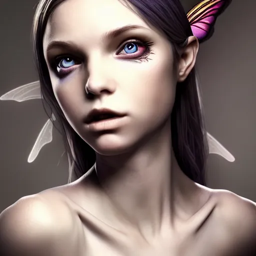 Image similar to full body shot of an faerie girl, photorealistic, perfect symmetrical image, symmetrical face, perfect face, longshot, cinematic, hyper realism, hyper detailed