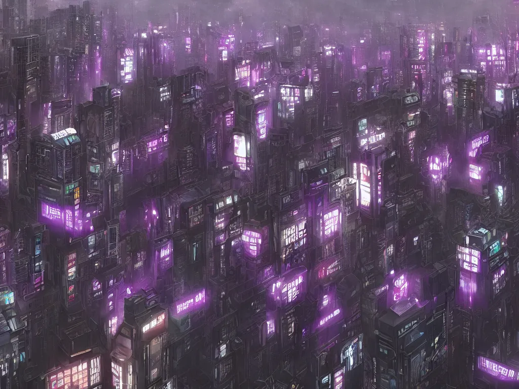 Prompt: blade runner city, high quality, cyberpunk, purple, russian doomer panel houses