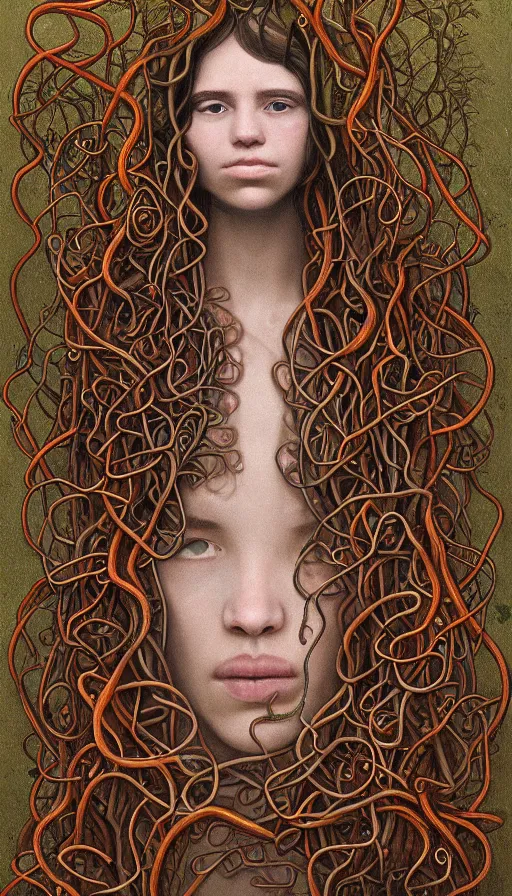 Prompt: very detailed portrait of a 2 0 years old girl surrounded by tentacles, the youg woman visage is blooming from fractal and vines, by dan witz