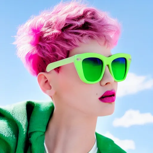 Prompt: fashion model with short pink hair, sunglasses with light green lenses, 3 d, photorealistic, green sneaks, morning, vouge photo style, pink clouds on background