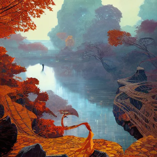 Image similar to river cliff autumn cryengine render detailed digital art art nouveau hyper realism by victo ngai, m. c. escher, greg rutkowski, leonid afremov, moebius, john stephens, tim white, frank gehry