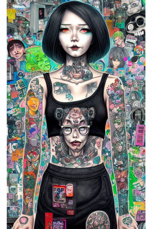 Image similar to full view, from a distance, of anthropomorphic trashcan who is a girl with tattoos from the novel neuromancer by william gibson, style of yoshii chie and hikari shimoda and martine johanna, highly detailed