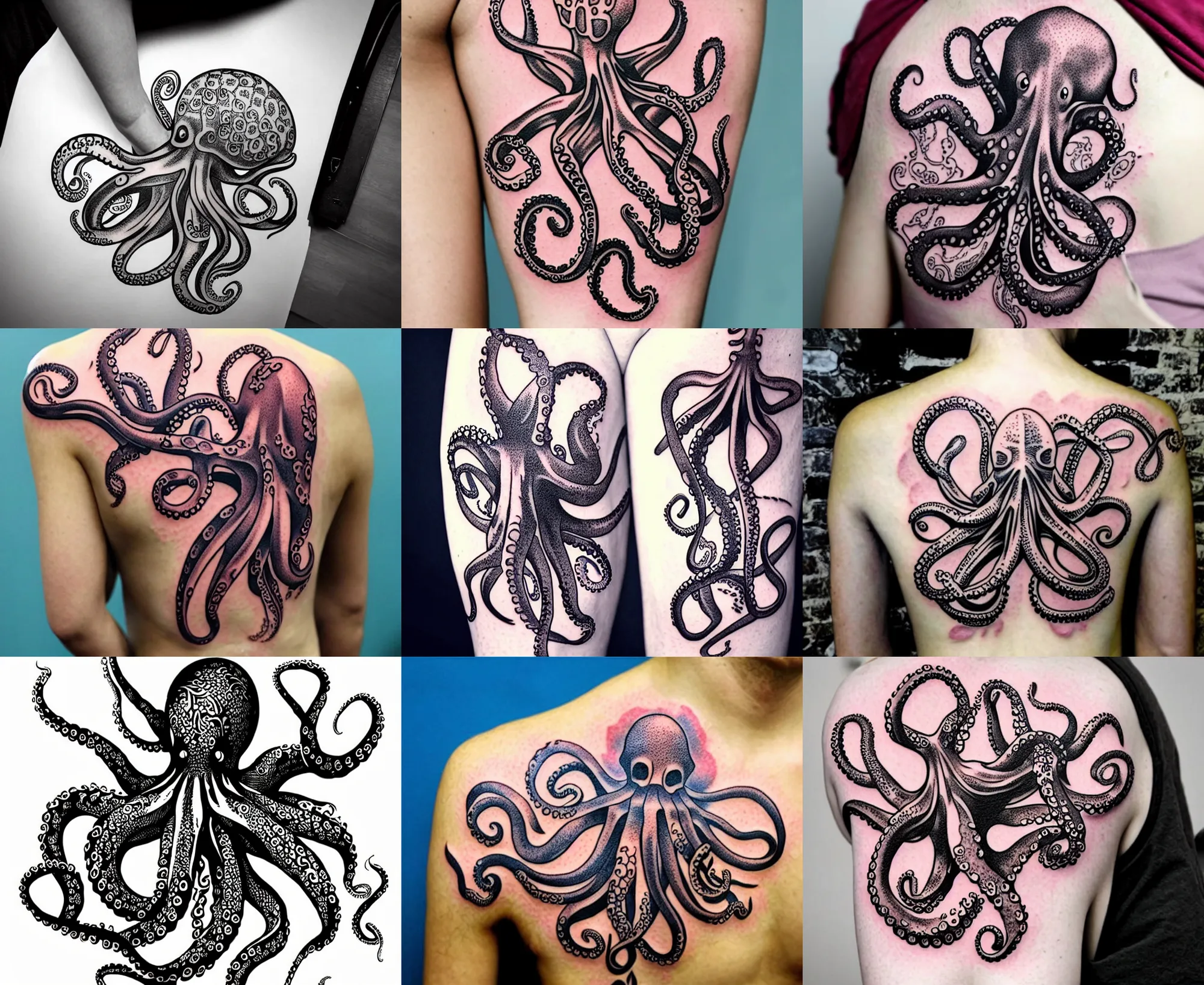 Image similar to detailed amazing floral tattoo stencil of a cartoon octopus