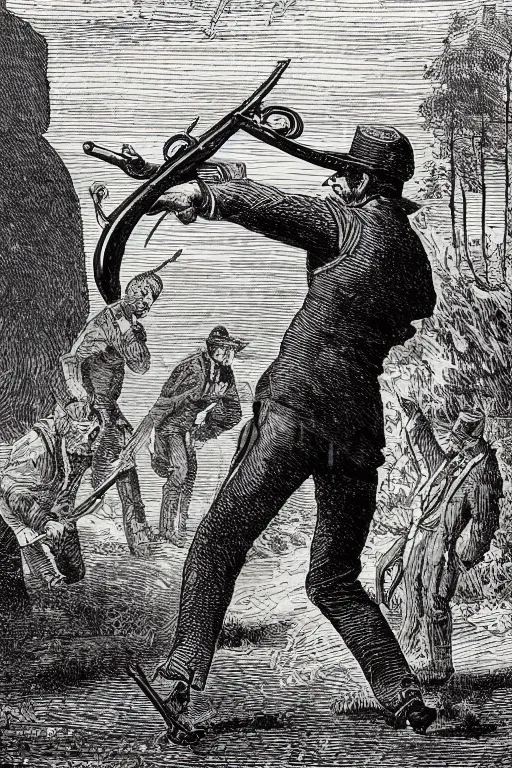 Image similar to 19th century wood-engraving of a lone British man point a musket at the back standing with his back turned to the viewer, mammoth running away in the background, whole page illustration from Jules Verne book, art by Édouard Riou Jules Férat and Henri de Montaut, high quality, beautiful, removed watermarks