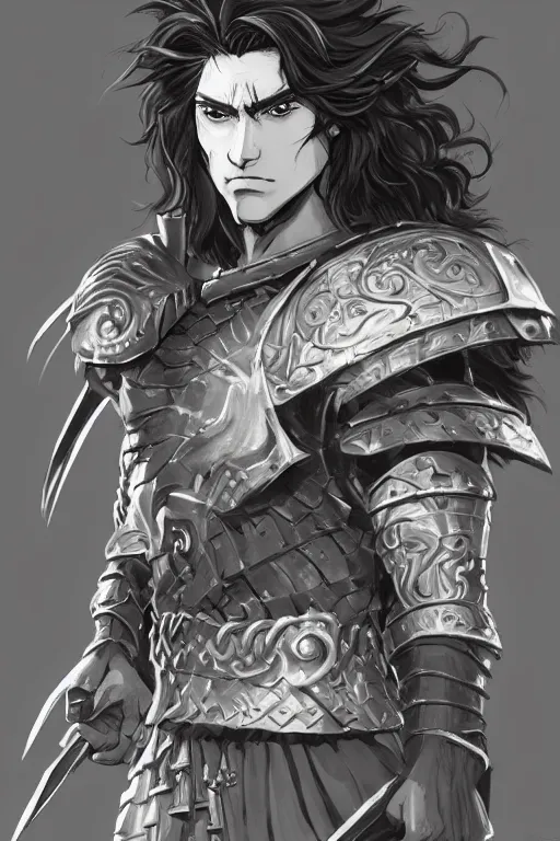 Prompt: A realistic anime portrait of a young handsome male barbarian with long wild hair, intricate fantasy spear, plated armor, D&D, dungeons and dragons, tabletop role playing game, rpg, jrpg, digital painting, by Frank Frazetta, concept art, highly detailed, promotional art, HD, digtial painting, trending on ArtStation, golden ratio, rule of thirds, SFW version