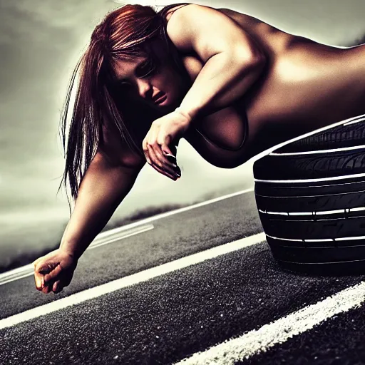 Prompt: car, bodybuilder, woman, photo, digital art, hands, underbody, throw, tire, standing, road