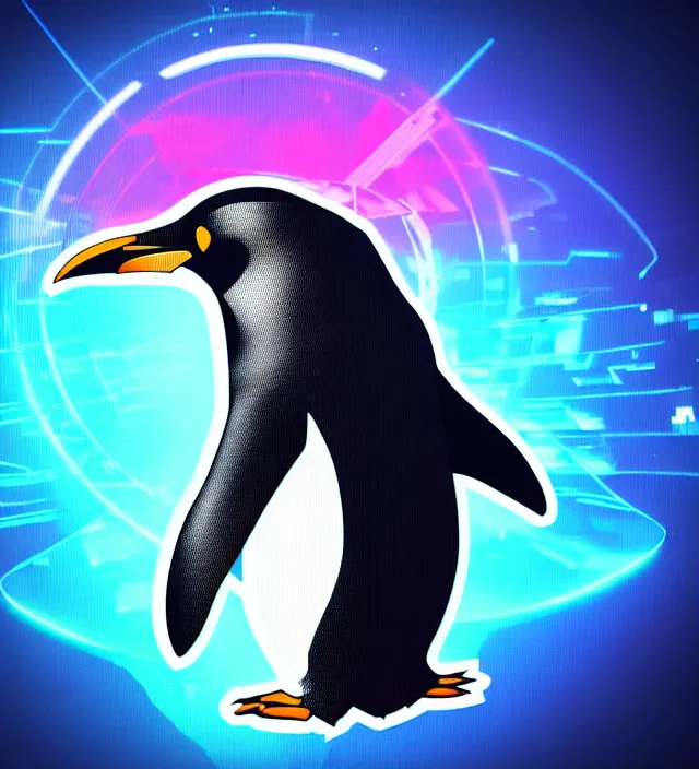 Image similar to studio beautiful cyberpunk esports penguin logo for a penguin!!!!!! studio level special effects and particles, intricate!!!!! professional, global illumination, clean, perfectly shaded, hyperdetailed, epic