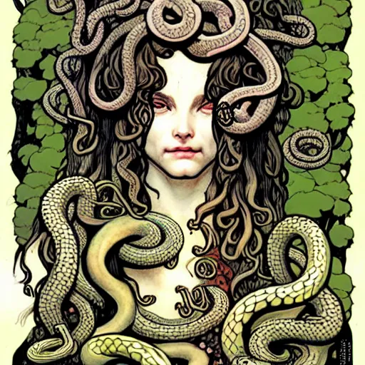 Image similar to A cute little medusa with snakes in your head collecting flowers in the forest. Absurdly-detailed fantasy character illustration by Rebecca Guay and Wayne Reynolds