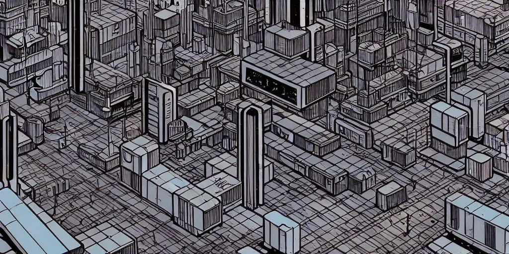 Image similar to areal view of mechanical futuristic brutalist city in the style of Akira!