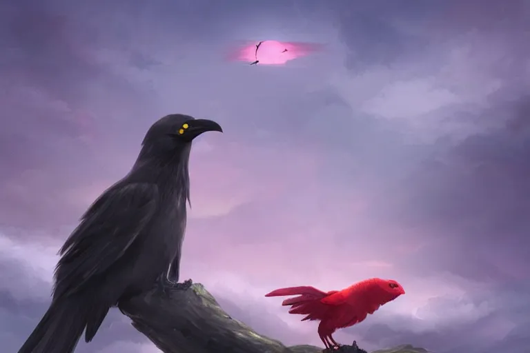 Image similar to red - eyed scary gigantic crow standing on top of a hill, looking down, holding a pink little worm in its beak, cloudy sky in the background, digital painting, epic, pokemon style, earth type pokemon, smooth, trending on artstation, professional painting, full body composition, long shot, made by greg rutkowski