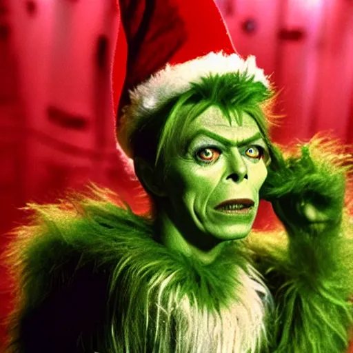 Prompt: David Bowie as The Grinch, live action movie, 70mm, 1968