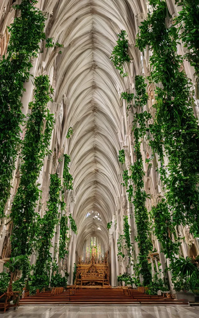 Image similar to beautiful grand cathedral interior with!! koi pond!! in the! middle! surrounded by palm trees, ivy, flowers!!, tropical plants, roses!!, and with archways, rendered in octane render with photorealistic volumetric cinematic lighting, wide angle, horizontal symmetry, 8 k