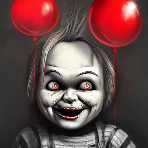 Prompt: surrealism grunge cartoon portrait sketch of chucky with a wide smile and a red balloon by - michael karcz, loony toons style, minecraft style, horror theme, detailed, elegant, intricate