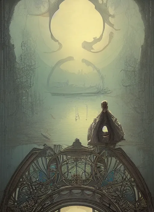 Prompt: art nouveau breathtakingly beautiful ultrawide angle masterpiece dream depth perspective clarity joyful colours low angle view, cloaked hooded figure in boat facing upwards, strange beautiful derelict temple, arch, symmetry symmetrical, lake clearing, sunrise smoke reflections, by kilian eng, studio ghibli, peter mohrbacher, fenghua zhong, ruan jia, liuyuan lange