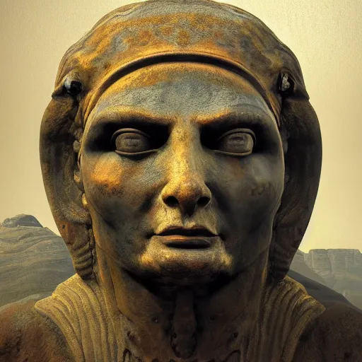 Image similar to highly detailed professional painting of ancient monumental alien bust in mountains trending on artstation, ultra detail, atmospheric lighting
