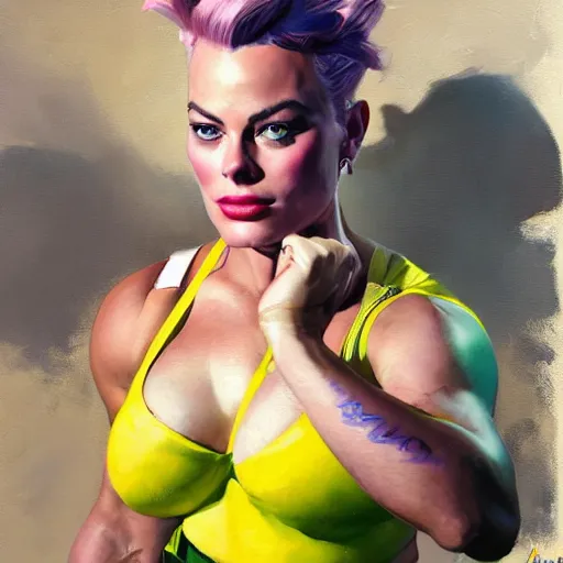 Image similar to greg manchess portrait painting of margot robbie as beautiful thick female bodybuilder zarya from overwatch, medium shot, asymmetrical, profile picture, organic painting, sunny day, matte painting, bold shapes, hard edges, street art, trending on artstation, by huang guangjian and gil elvgren and sachin teng