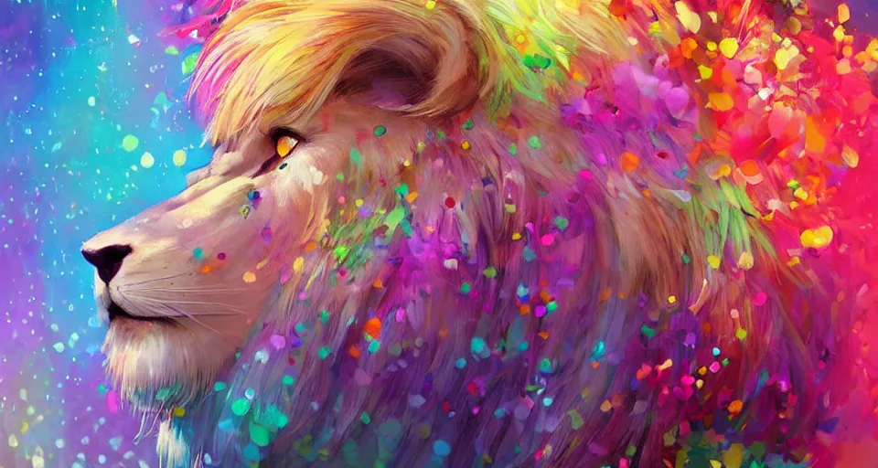 Image similar to aesthetic portrait commission of a albino male furry anthro lion surronded by rainbow confetti at a gay pride festival with his male lion anthro friends, bright and sunny atmosphere, Character design by charlie bowater, ross tran, artgerm, and makoto shinkai, detailed, inked, western comic book art, 2021 award winning painting