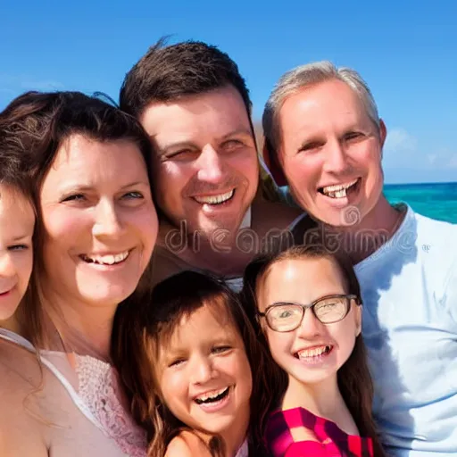 Prompt: happy family poses portrait on beach stock images