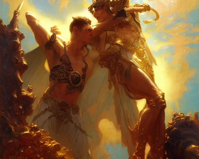 Image similar to attractive heroic male deity, casts magic, summoning handsome heroic lucifer morning star. highly detailed painting by gaston bussiere, craig mullins, j. c. leyendecker 8 k