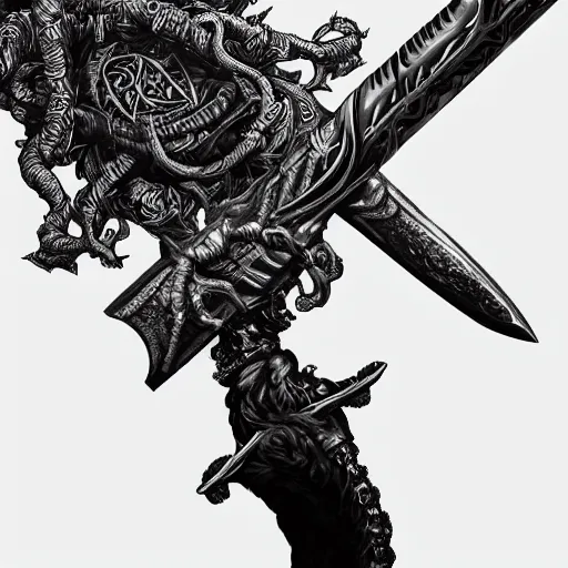Image similar to ultra detailed hyper realistic deep focus smooth artstation wlop intricate highly detailed award winning articulated chaos sword