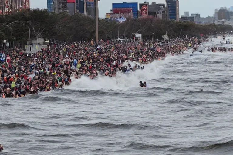 Image similar to millions of people watching an tsunami in new york