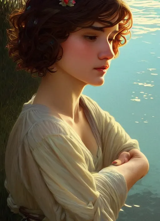 Image similar to full body portrait of a woman with short wavy hair, round face, cottagecore!!, small cup size lake water, intricate, enlightenment, highly detailed, digital painting, artstation, concept art, smooth, sharp focus, illustration, art by artgerm and greg rutkowski and alphonse mucha