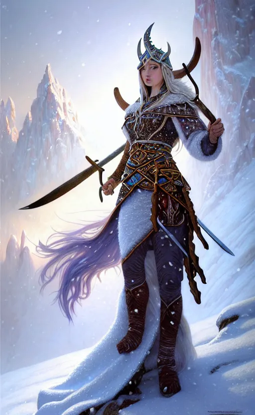 Image similar to opal viking warrior, regal, elegant, winter, snow, beautiful, stunning, hd, illustration, epic, d & d, fantasy, intricate, elegant, highly detailed, wide angle, digital painting, artstation, concept art, smooth, sharp focus, illustration, wallpaper, art by artgerm and greg rutkowski and alphonse mucha and jin xiaodi