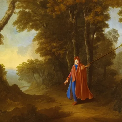 Image similar to a man in a cloak with a staff travelling trough the forest, neo-romanticism