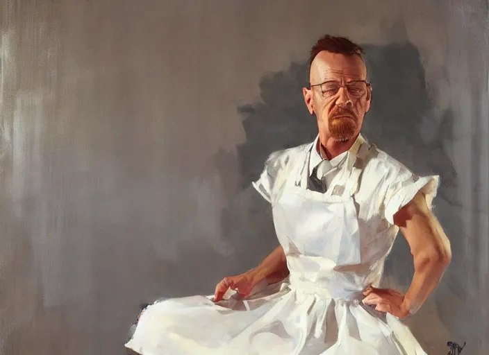 Image similar to a highly detailed beautiful portrait of walter white wearing a maid costume, by gregory manchess, james gurney, james jean