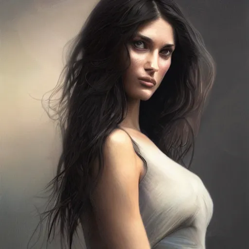 Image similar to Portrait of an American Supermodel, olive skin, long dark hair, beautiful bone structure, volumetric lighting, dark, moody, fog, backlit, glowing highlights, intricate, elegant, highly detailed, digital painting, artstation, concept art, smooth, sharp focus, illustration, art by artgerm and greg rutkowski and alphonse mucha