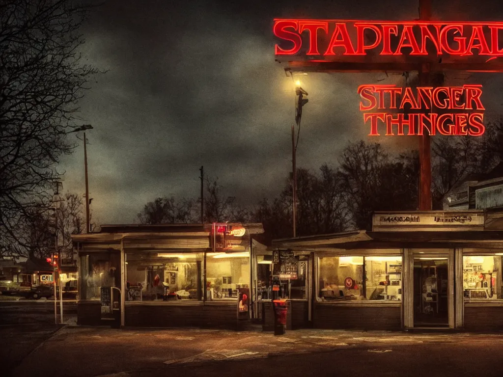 Prompt: the outside of a mcdonald's in the upside down from stranger things, ominous, dark, gloomy, hdr, moody lighting, horror