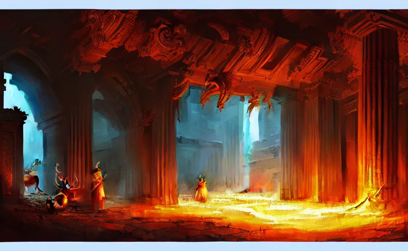 Image similar to The interior of an mytical and ancient temple dragons, in ruins, fire light, a ray of blue light, intricate, elegant, volumetric lighting, digital painting, highly detailed, artstation, sharp focus, illustration, concept art, ruan jia, steve mccurry