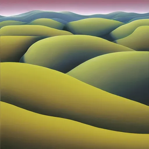 Prompt: a painting of the rolling hills in muted color, an ultrafine detailed painting by rafal olbinski, behance contest winner, pop surrealism, detailed painting, very detailed, minimalist, skeuomorphic, airbrush art