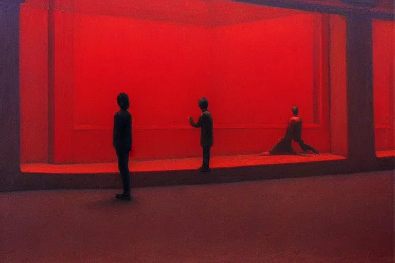 Image similar to only with red, crowd delirious at the sight of a painting, in a city square, in the style of beksinski, parts by edward hopper, parts by rodcenko, parts by yue minjun, intricate and epic composition, red by caravaggio, insanely quality, highly detailed, masterpiece, red light, artstation, 4 k