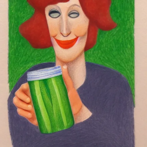 Prompt: pencil drawing of a smiling woman with short grey and red hair proudly holding a fido jar into the camera. close up. the fido jar is filled with big green pickles, by jean metzinger
