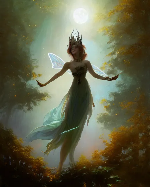 Image similar to a portrait of beautiful fairy goddness fly high in the night, d & d, fantasy, mist, full moon in background, trees, hyper detailed,, midium shot, an oil painting by ruan jia, trending on artstation, concept art, sharp focus, illustration, gaston bussiere, craig mullins, j. c. leyendecker, beautiful lighting