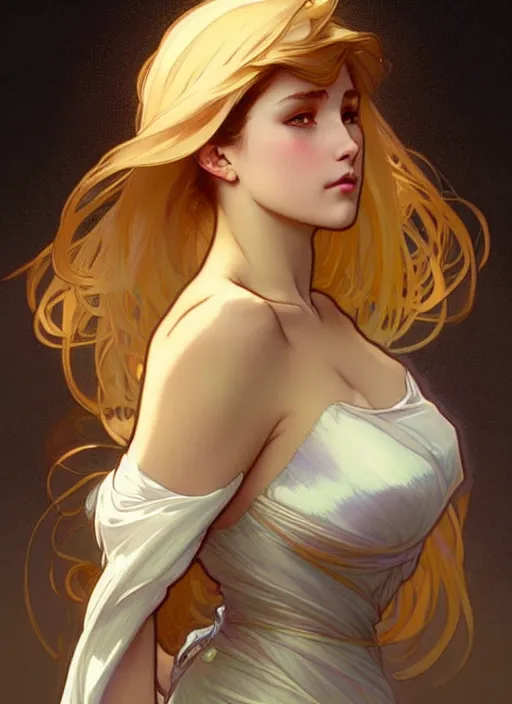 Image similar to digital character concept art by artgerm and greg rutkowski and alphonse mucha. clear portrait of a modern young wife blessed by god to uncontrollably become overwhelmingly perfect!! blonde, full - figured in clothes, obviously feminine holy body!! light effect. hyper detailed, glowing lights!! intricate, elegant, digital painting, artstation, smooth, sharp focus