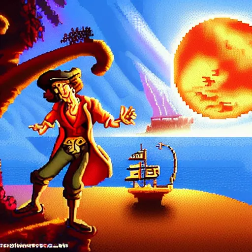 Image similar to Guybrush Threepwood discovers the secret of Monkey Island. High resolution Pixel art.